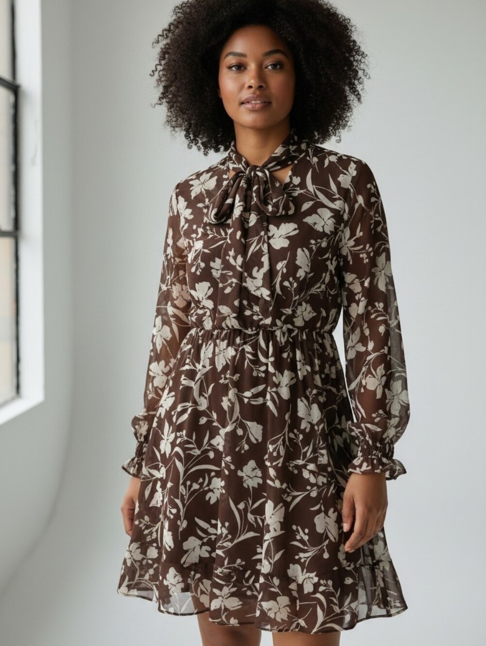 NWT Lane Bryant Women's Midi Dress Brown/Creamy White Floral V- Neck W/Tie Sz 22